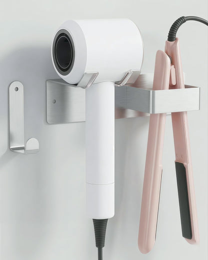 Hair Dryer Holder, Dyson Hair Dryer Holder, Blow Dryer Holder with Cord Hook SUS304 Stainless Steel Wall Mount, Self Adhesive/Screw Space Saving Hairdryer Holder for Bathroom White
