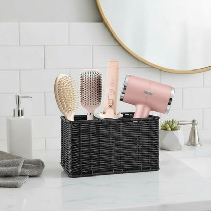 Hair Tool Organizer,Wall Mount Curling Iron Holder,Waterproof Wicker Hot Tools Organizer for Hair Dryer,Flat Irons,Curling Wands,Straighteners Storage,in Cabinet,Bathroom,Vanity (Black)