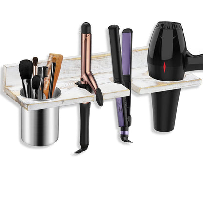 Hair Tool Organizer Wall Mounted - Wooden Dryer Holder, Blow Dryer Holder for Bathroom, Rustic Styling Tools Organizer for Flat Iron, Curling Wand, Hair Straighteners, Brushes, Black