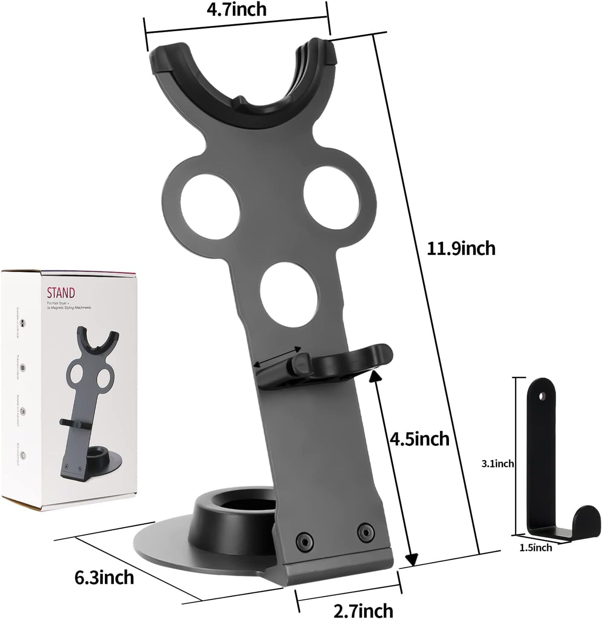 Hair Dryer Holder Stand for Dyson Hair Dryer, Upgraded Dyson Hair Dryer Holder Dyson Hair Dryer Stand Black to Store 5 Dyson Hair Dryer Attachments with Cable Hook