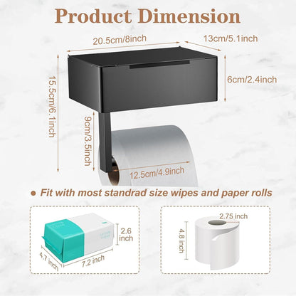 Toilet Paper Holder with Shelf - SUS304 Stainless Steel Toilet Paper Storage with Wipes Dispenser & Toilet Paper Roll Holder Wall Mount for Bathroom Storage, No Drill to Install - Matte Black