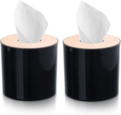 2PCS Tissue Box Cover, Toilet Paper Storage with Lid Round Toilet Paper Roll Cover Wooden Dispenser for Bathroom Kitchen (Black)