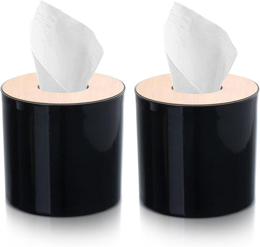 2PCS Tissue Box Cover, Toilet Paper Storage with Lid Round Toilet Paper Roll Cover Wooden Dispenser for Bathroom Kitchen (Black)