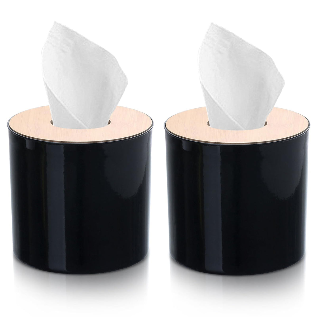 2PCS Tissue Box Cover, Toilet Paper Storage with Lid Round Toilet Paper Roll Cover Wooden Dispenser for Bathroom Kitchen (Black)
