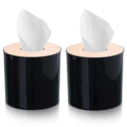 2PCS Tissue Box Cover, Toilet Paper Storage with Lid Round Toilet Paper Roll Cover Wooden Dispenser for Bathroom Kitchen (Black)
