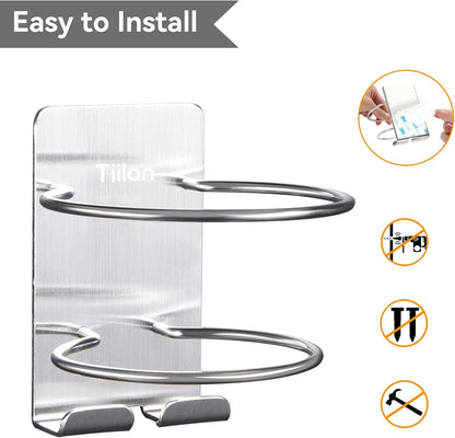 Hair Dryer Holder Wall Mount, Blow Dryer Holder Self Adhesive, SUS 304 Stainless Steel, Bathroom Hair Tool Organizer Rack, Silver