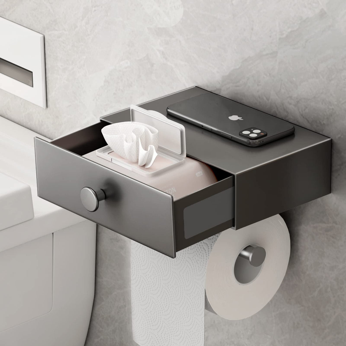 VOLDRA Toilet Paper Holder Stand with Shelf, Free Standing Black Toilet Paper Roll Holder with Wipes Storage Drawer Heavy Duty Floor Bathroom Tissue Holder Freestanding No Drill Tp Holder for 7 Rolls