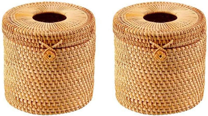 2Pcs Rattan Tissue Box Toilet Paper Cover Wicker Decorative Holders with Lid for Storage Single Roll and Tissues