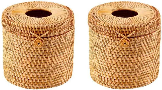 2Pcs Rattan Tissue Box Toilet Paper Cover Wicker Decorative Holders with Lid for Storage Single Roll and Tissues