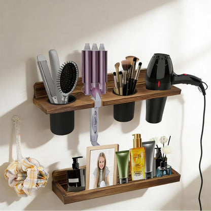 Hair Tool Organizer Wall Mount Holder, 2 Layer Rustic Blow Dryer Holder, Hair Product Wooden Storage Shelf for Hair Dryer, Curling Iron, Hot Tools, Vanity Accessories, Makeup, Toiletries(Dark Brown)