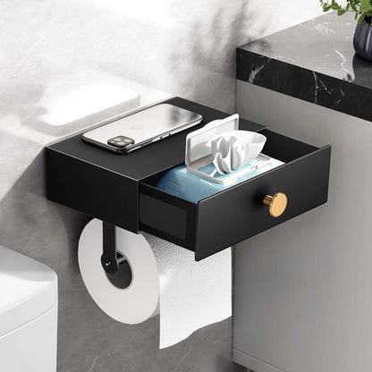 VOLDRA Toilet Paper Holder Stand with Shelf, Free Standing Black Toilet Paper Roll Holder with Wipes Storage Drawer Heavy Duty Floor Bathroom Tissue Holder Freestanding No Drill Tp Holder for 7 Rolls