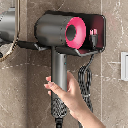 Universal Hair Dryer Holder - Wall Mounted Storage Rack for Hair Dryers, No Punching, with Plug and Power Cord Organizer, Self Adhesive for Cabinet Bathroom (Black)