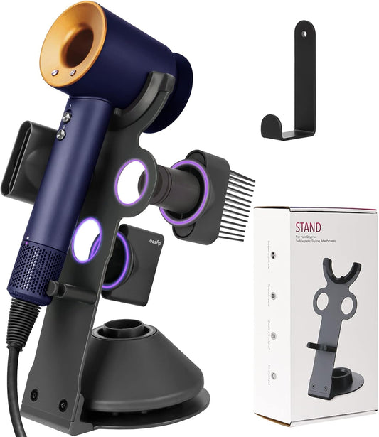 Hair Dryer Holder Stand for Dyson Hair Dryer, Upgraded Dyson Hair Dryer Holder Dyson Hair Dryer Stand Black to Store 5 Dyson Hair Dryer Attachments with Cable Hook