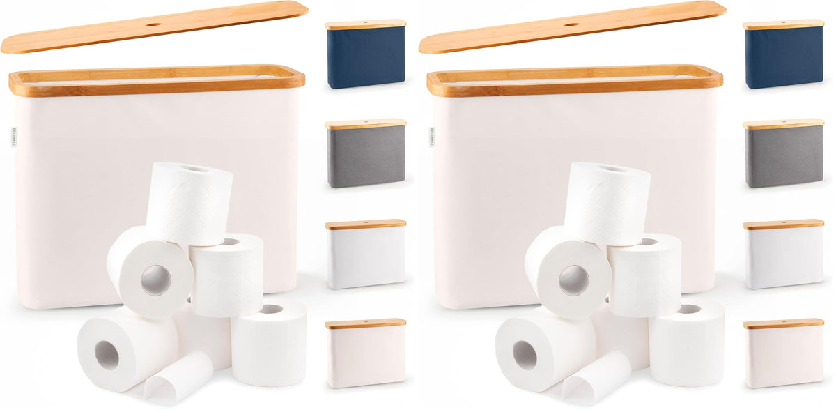 LONBET Toilet Paper Storage for 12 Rolls, Stackable & Foldable - The Ultimate Bathroom Organizer - Waterproof Basket with Bamboo Lid - Elegant Toilet Paper Storage Holder, Beige