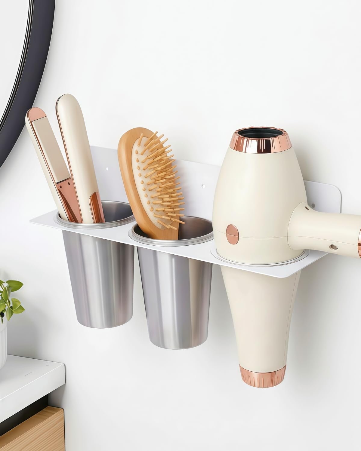 Hair Tool Organizer Wall Mount, Aluminum Alloy Curling Iron Holder Wall Mount, Hair Dryer and Straightener Holder with 2 Stainless Steel Cups 3-in-1 Storage for Bathroom Vanity Salon White PTALSEAW