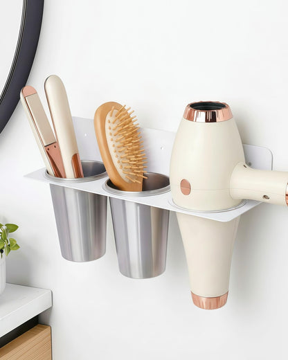 Hair Tool Organizer Wall Mount, Aluminum Alloy Curling Iron Holder Wall Mount, Hair Dryer and Straightener Holder with 2 Stainless Steel Cups 3-in-1 Storage for Bathroom Vanity Salon White PTALSEAW