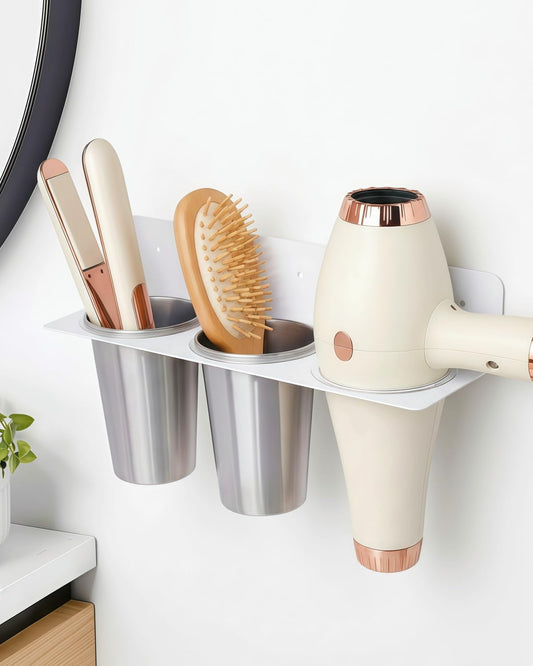 Hair Tool Organizer Wall Mount, Aluminum Alloy Curling Iron Holder Wall Mount, Hair Dryer and Straightener Holder with 2 Stainless Steel Cups 3-in-1 Storage for Bathroom Vanity Salon White PTALSEAW