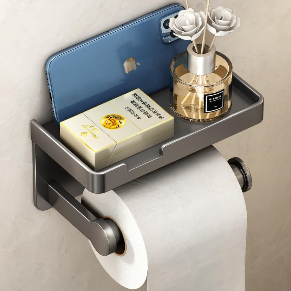 VOLDRA Toilet Paper Holder Stand with Shelf, Free Standing Black Toilet Paper Roll Holder with Wipes Storage Drawer Heavy Duty Floor Bathroom Tissue Holder Freestanding No Drill Tp Holder for 7 Rolls