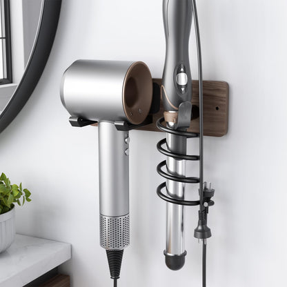 Tindbea Hair Dryer Holder + Curling Iron Holder,Blow Dryer Holder Wall Mount, Bathroom Hair Tool Organizer Rack for Universal Dryer Matte Black