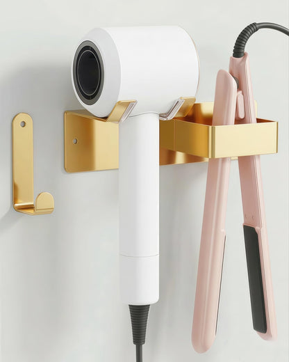Hair Dryer Holder, Dyson Hair Dryer Holder, Blow Dryer Holder with Cord Hook SUS304 Stainless Steel Wall Mount, Self Adhesive/Screw Space Saving Hairdryer Holder for Bathroom White
