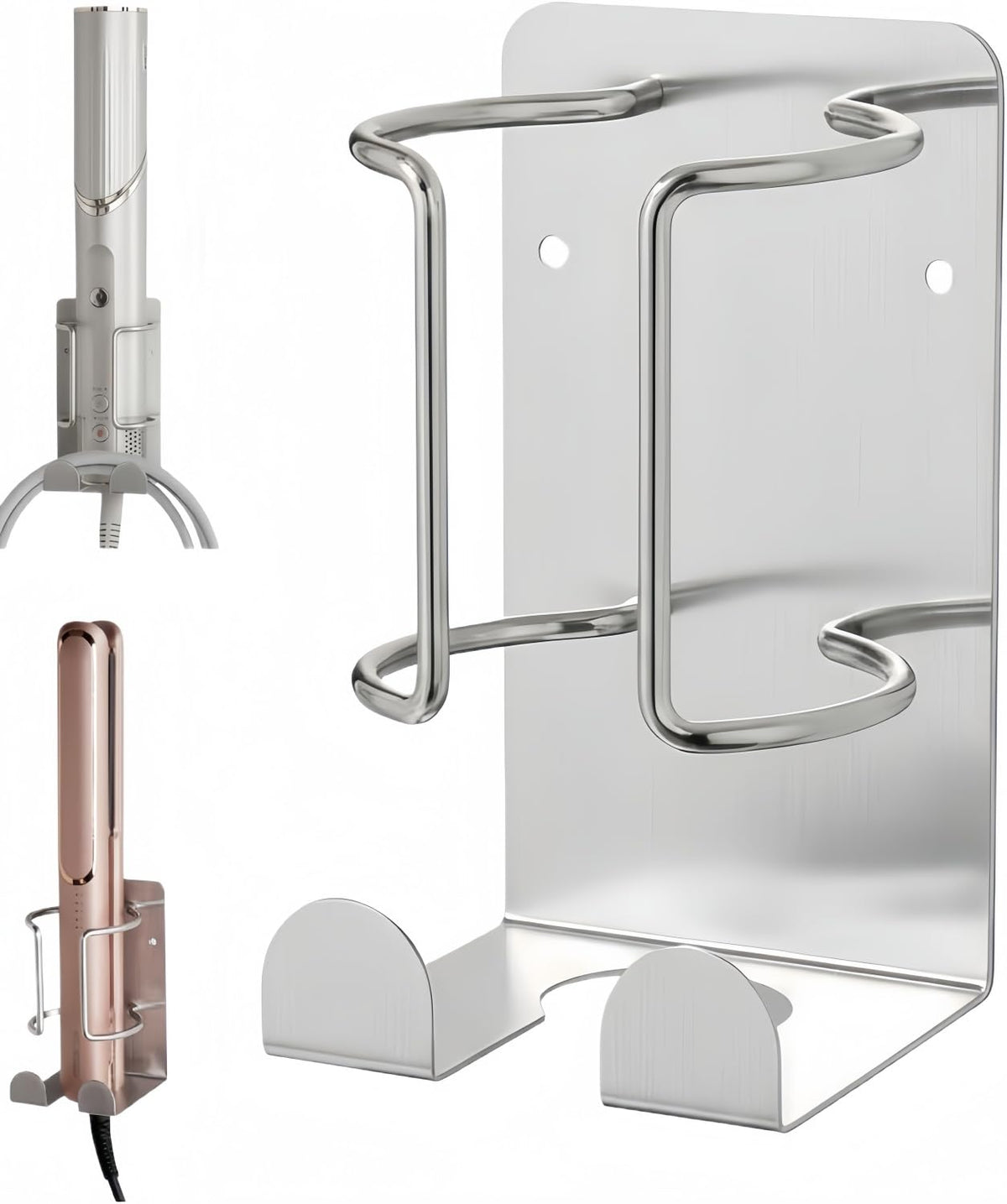 Hair Dryer Holder Wall Mounted, Stainless Steel Blow Dryer Holder for Bathroom, Hair Dryer and Straightener Holder Adhesive or Drilling, Hair Tool Organizer for Salon Barber Shops Black BANJEKT