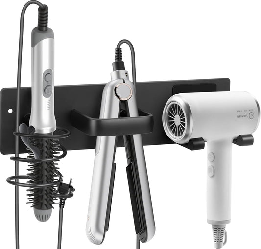 Hair Tool Organizer Wall Mount, Aluminum Hair Dryer Holder and Curling Iron Rack with Hooks, Space Saving Bathroom Hair Styling Tool Storage for Blow Dryer, Flat Iron, Curling Tools (Hook)