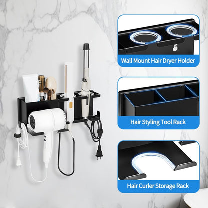 Hair Dryer Holder Wall Mount, Hair Tool Organizer with 3 Cord Organizers