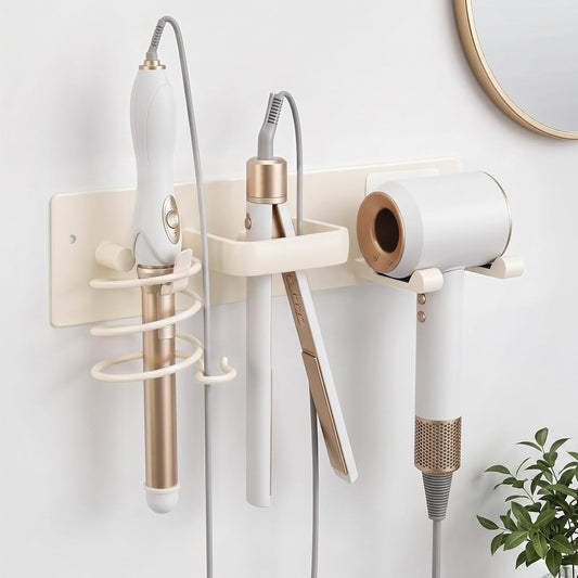 Hair Dryer Holder Wall Mount No Drill, 3 in 1 Curling Iron Holder & Flat Iron Holder, Heat Resistant Bathroom Hair Tool Organizer, White