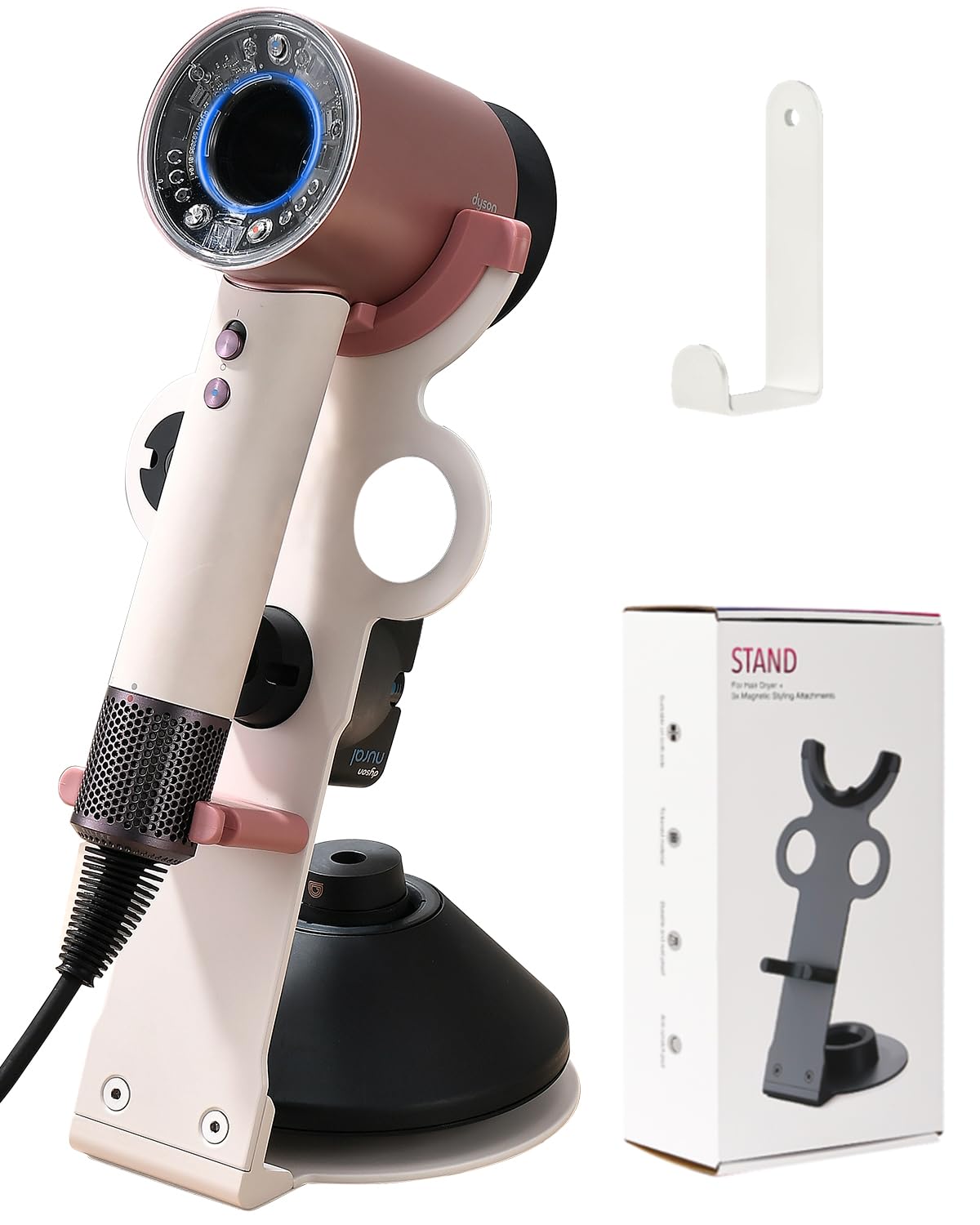 Hair Dryer Holder Stand for Dyson Hair Dryer, Upgraded Dyson Hair Dryer Holder Dyson Hair Dryer Stand Black to Store 5 Dyson Hair Dryer Attachments with Cable Hook