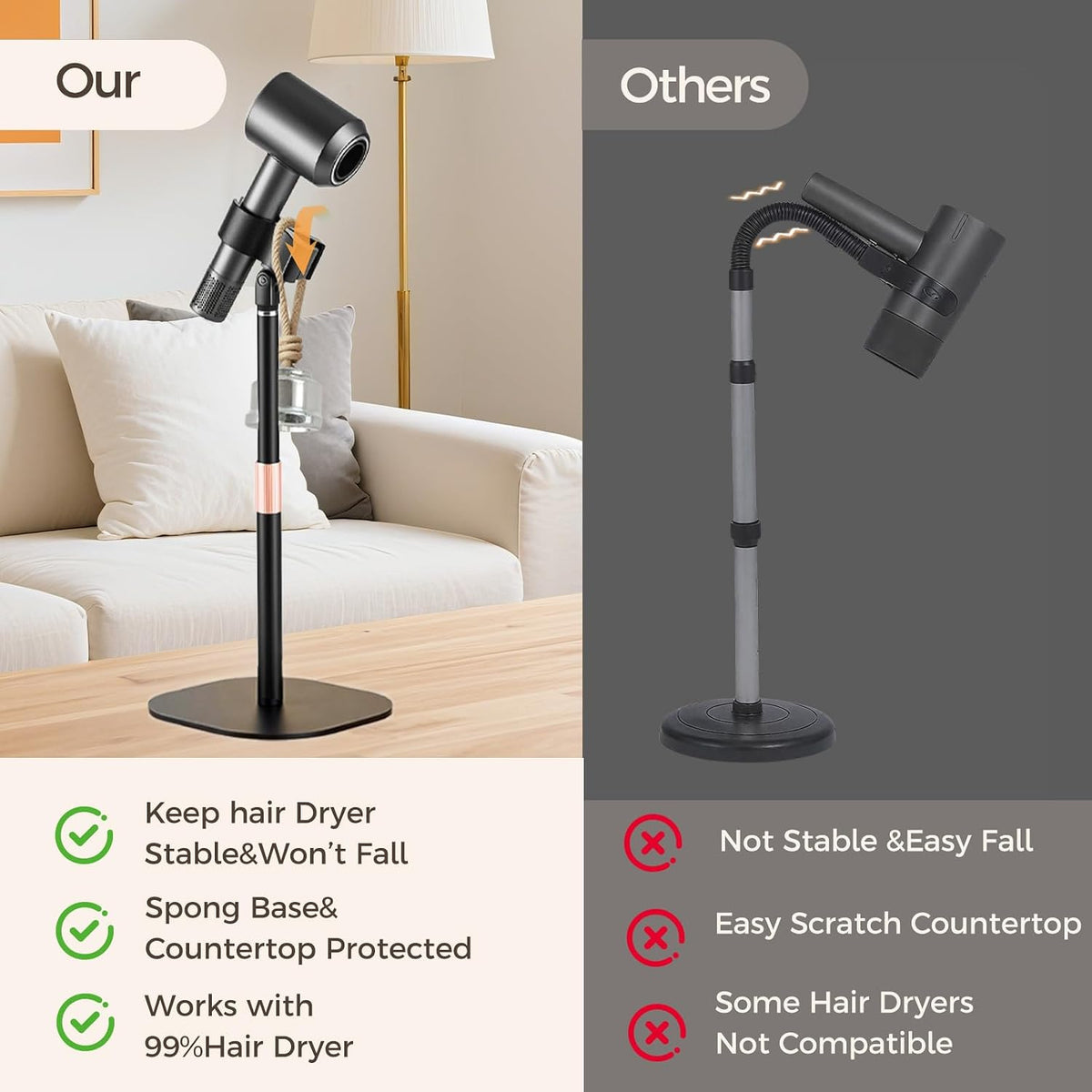 Hair Dryer Stand Holder-19 inch Ultra Stable Countertop Blow Dryer Stand