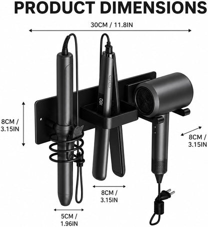 Hair Dryer Holder Wall Mount, 3 in 1 Hair Tool Organizer for Bathroom with Curling Iron & Flat Iron Holders, Blow Dryer Holder for Hairs Tool Storage, Black