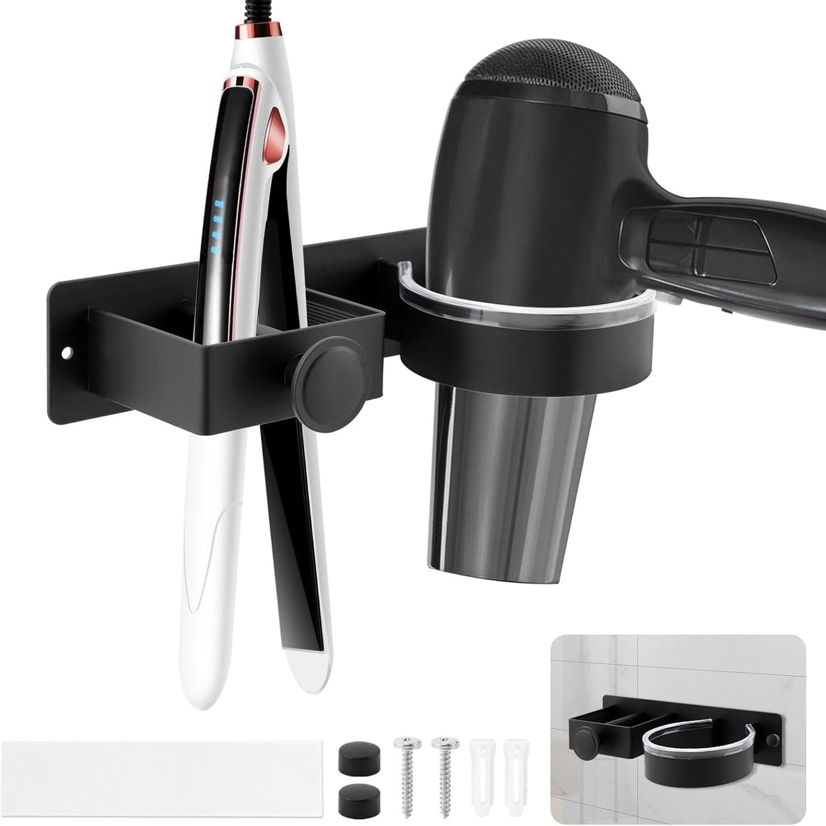 Hair Dryer Holder Wall Mounted, 2 in 1 Blow Dryer & Straightener Holder