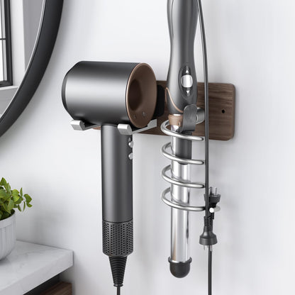 Tindbea Hair Dryer Holder + Curling Iron Holder,Blow Dryer Holder Wall Mount, Bathroom Hair Tool Organizer Rack for Universal Dryer Matte Black