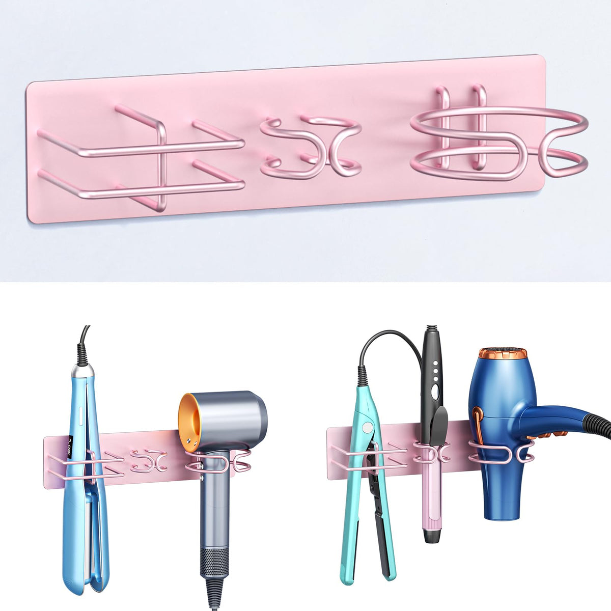 Blow Dryer Holder Wall Mounted Curling Iron Holder, 3 in 1 Hair Tool Organizer for Straightener, Curling Iron, Hair Dryer Holder Adhesive Flat Irons Storage for Bathroom Barber Shop (Black)