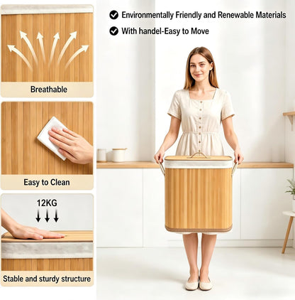 Large Bamboo Toilet Paper Basket with Lid, Holds 12 Mega Rolls, Eco-Friendly Bamboo Toilet Paper Holder, Easy to Install, Bathroom & Kitchen Storage Organizer