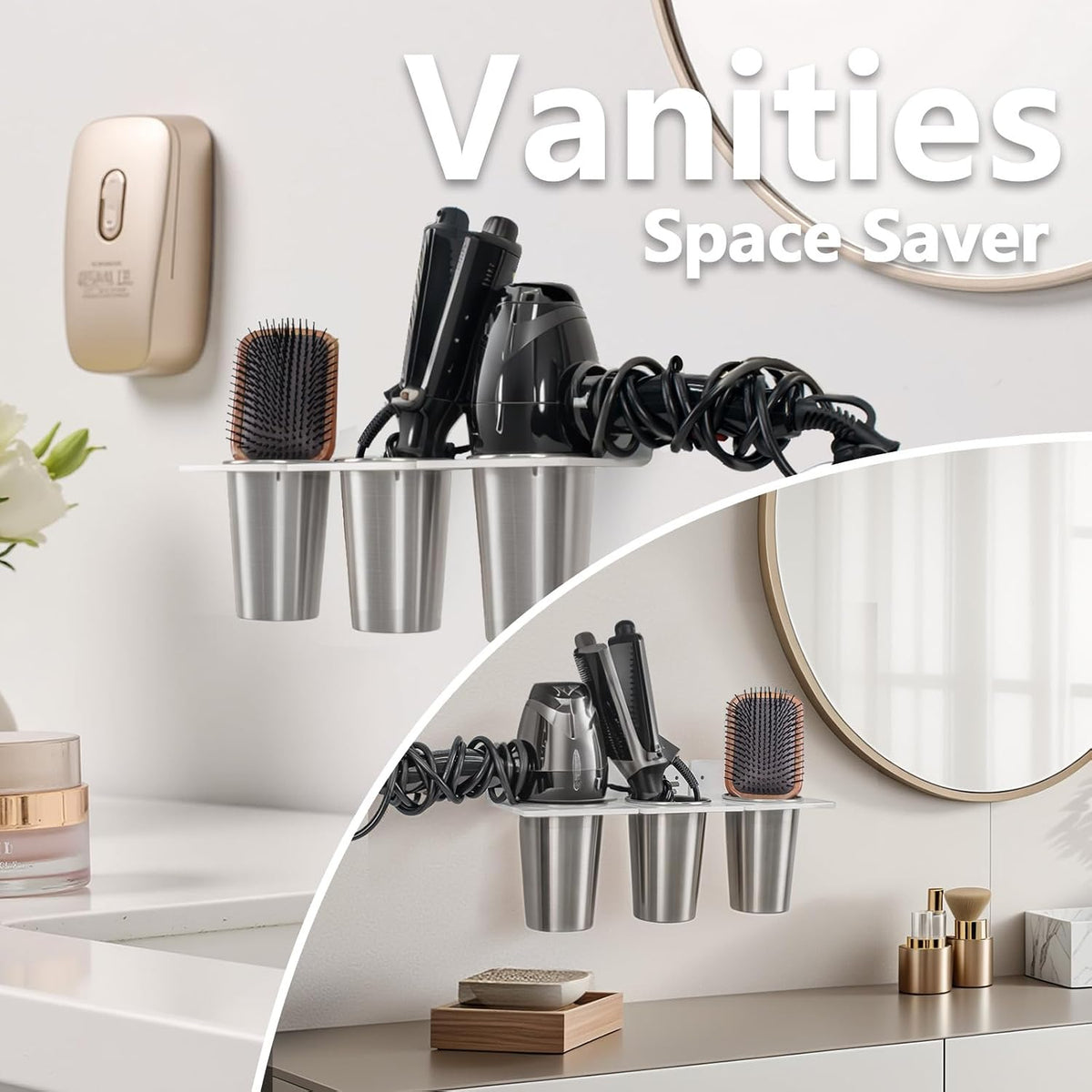 Hair Tool Organizer Wall Mount Blow Dryer Holder with Steel 4 Cups