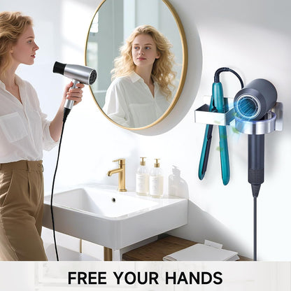 Hair Dryer Holder Wall Mounted, Hair Straightener Holder, Blow Dryer Holder Adhesive, Hair Tool Organizer for Flat Iron, Hairdryer, Curling Iron Holder for Bathroom Vanity Barber Shop (Silver)