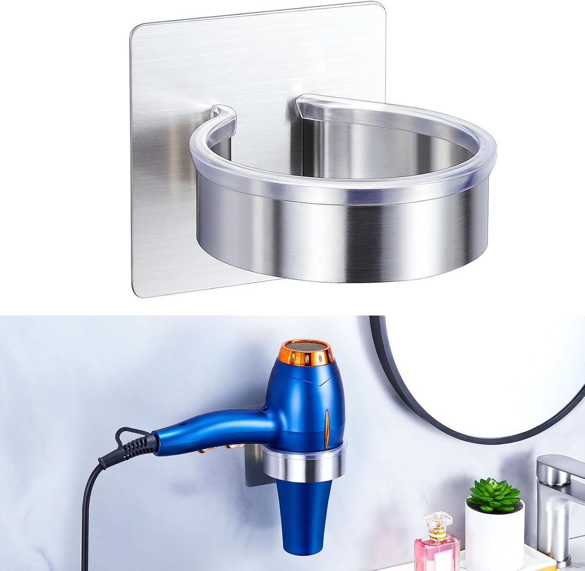 Hair Dryer Holder Wall Mount, Blow Dryer Holder Wall, Adhesive Hair Dryer Hanger, Blow Dryer Organizer, Hair Tools Organizer for Bathroom Salon Barber Shop Hotel (Silver)