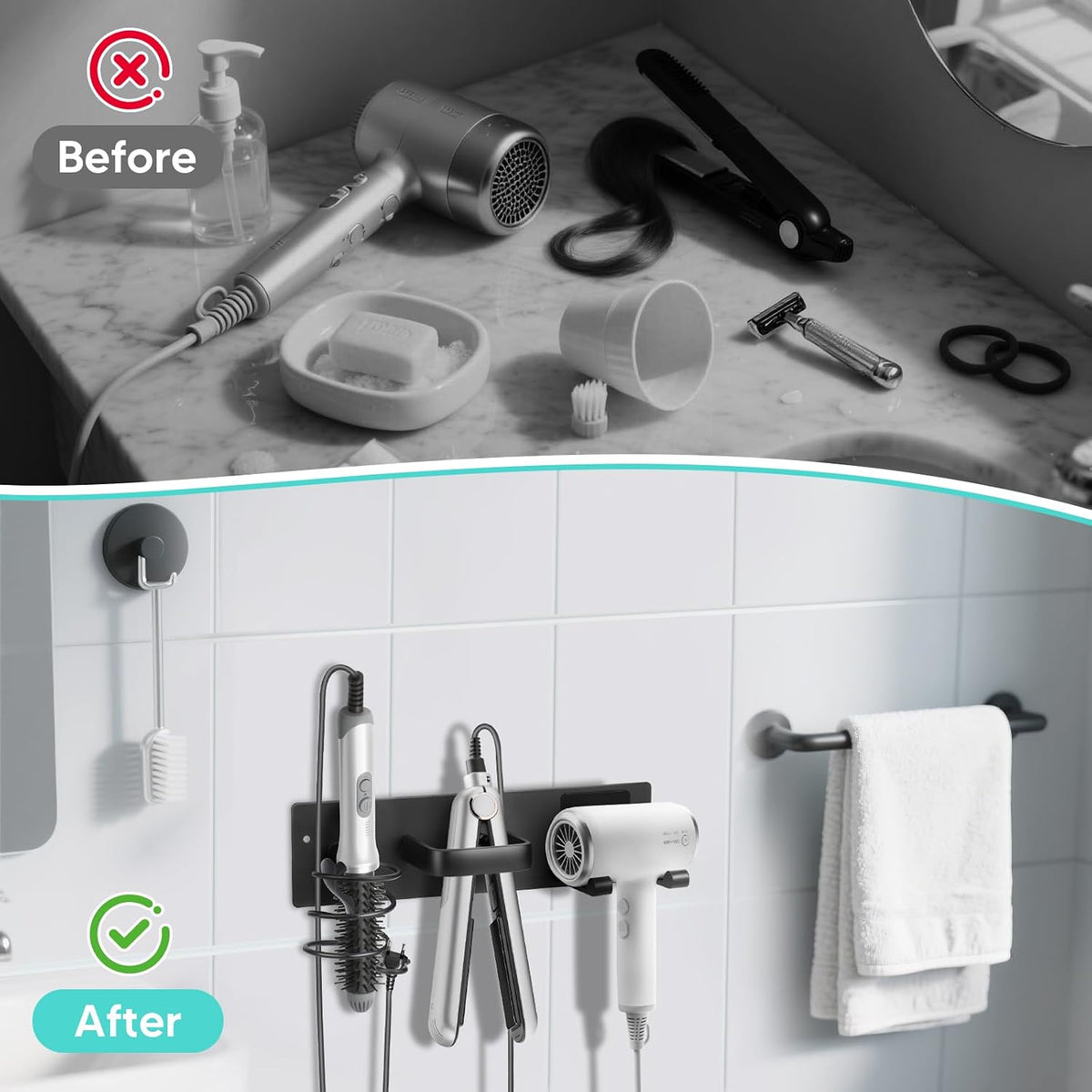 Hair Tool Organizer Wall Mount, Aluminum Hair Dryer Holder and Curling Iron Rack with Hooks, Space Saving Bathroom Hair Styling Tool Storage for Blow Dryer, Flat Iron, Curling Tools (Hook)