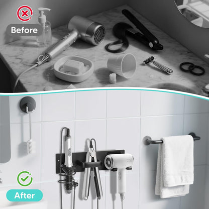 Hair Tool Organizer Wall Mount, Aluminum Hair Dryer Holder and Curling Iron Rack with Hooks, Space Saving Bathroom Hair Styling Tool Storage for Blow Dryer, Flat Iron, Curling Tools (Hook)