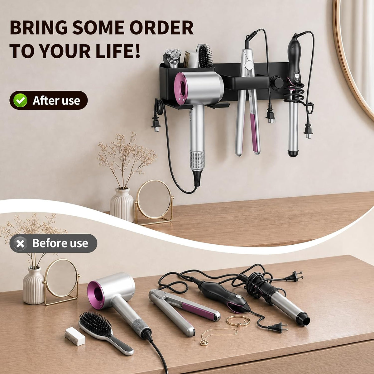 No-Drill Hair Dryer Holder Wall Mount with Storage Compartment for Bathroom