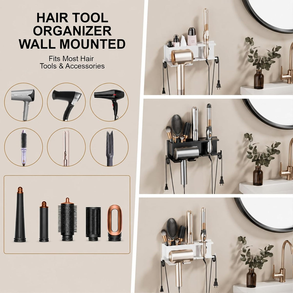 Hair Dryer Holder Hot Tools Organizer, Blow Dryer Holder Wall Mount, Bathroom Hair Tool Organizer Rack for Universal Dryer Black