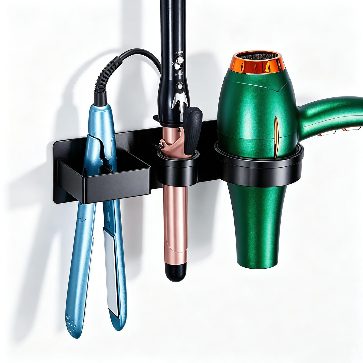 Hair Dryer Holder Wall Mounted Hair Straightener Holder, Blow Dryer Curling Iron Holder Metal, 3 in 1 Bathroom Hair Tools Organizer for Blow Dryer, Flat Irons, Hot Tool Holder