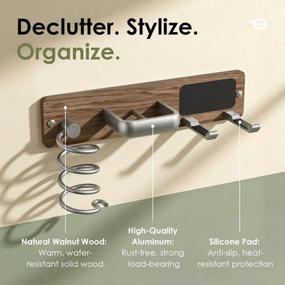 Tindbea Upgraded Walnut Hair Dryer Holder Wall Mounted,3-in-1 Hair Tool Organizer for Blow Dryer, Curling iron, and Straightener, Blow Dryer Holder for Bathroom, Vanity, Brushed Nickel