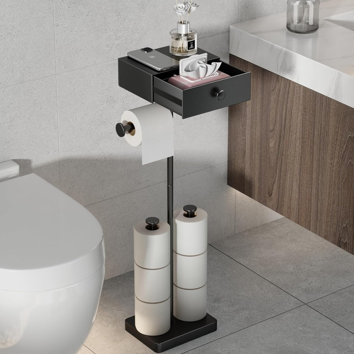VOLDRA Toilet Paper Holder Stand with Shelf, Free Standing Black Toilet Paper Roll Holder with Wipes Storage Drawer Heavy Duty Floor Bathroom Tissue Holder Freestanding No Drill Tp Holder for 7 Rolls