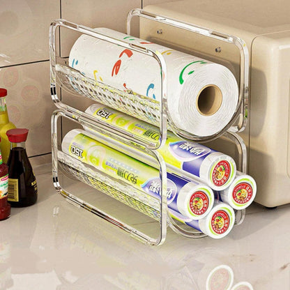 2 Pack Stackable Plastic Wrap, Tinfoil Storage Organizers, Cabinet Tiered Shelves, Hair Dryer Curling Iron Storage Racks, Multipurpose Storage Organizers