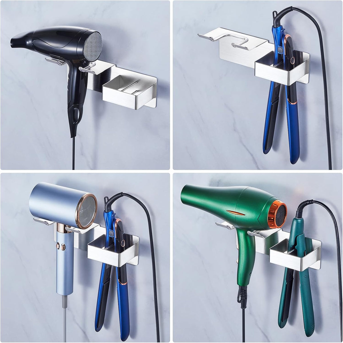 Hair Dryer and Straightener Holder Wall Mounted, Metal Adhesive Hair Tool Organizer for Blow Dryer, Curling Iron, Flat Iron, Bathroom Vanity Salon Barber Shops (Silver)