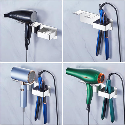 Hair Dryer and Straightener Holder Wall Mounted, Metal Adhesive Hair Tool Organizer for Blow Dryer, Curling Iron, Flat Iron, Bathroom Vanity Salon Barber Shops (Silver)