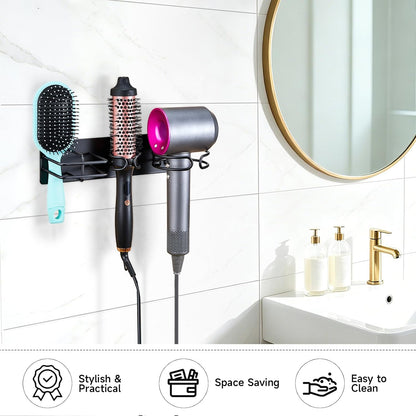 Blow Dryer Holder Wall Mounted Curling Iron Holder, 3 in 1 Hair Tool Organizer for Straightener, Curling Iron, Hair Dryer Holder Adhesive Flat Irons Storage for Bathroom Barber Shop (Black)