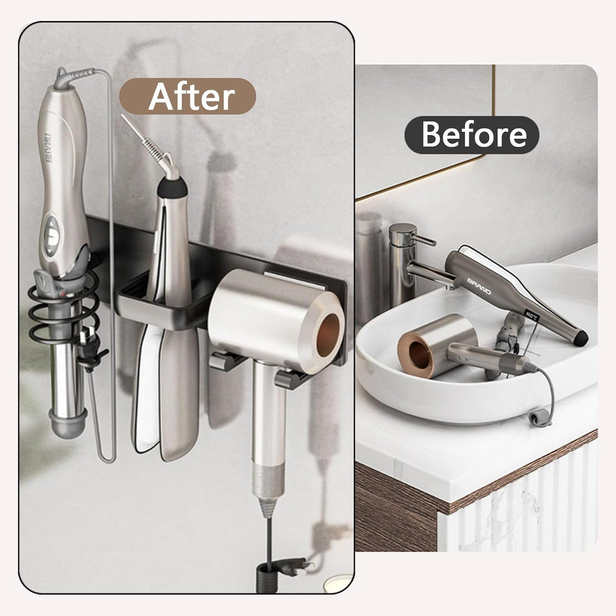 3-in-1 Wall Mount Hair Tool Organizer Hair Dryer Holder, Black